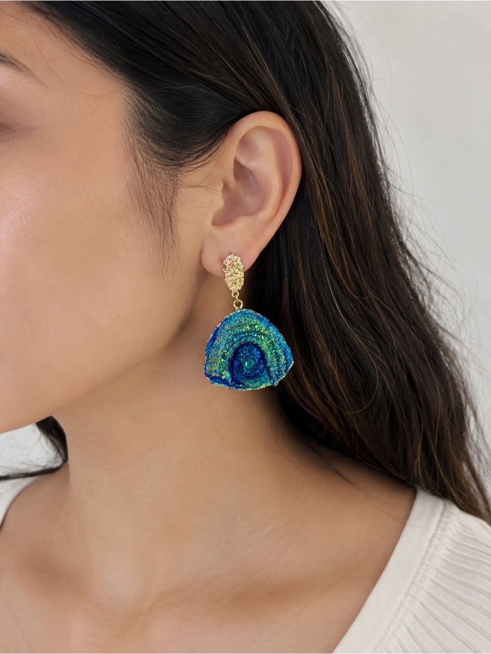 Blue Titanium Druzy Geode Statement Dangle Earrings Gold Tone Boho Glam